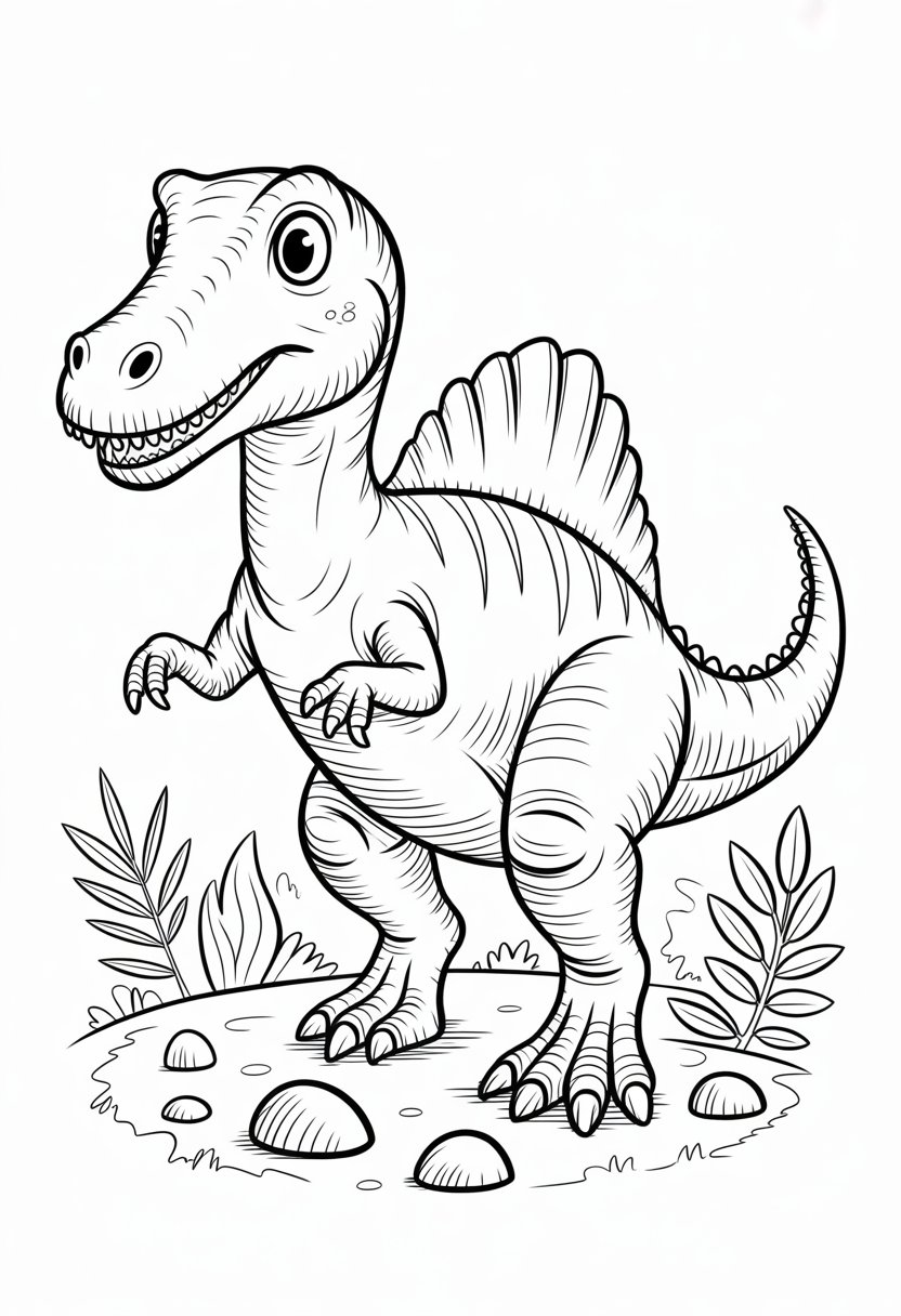 Cute Dinosaur Coloring Pages for Kids: 20 Fun and Easy Designs 35 A friendly Spinosaurus dinosaur standing with a playful pose surrounded by simple prehistoric plants and rocks.